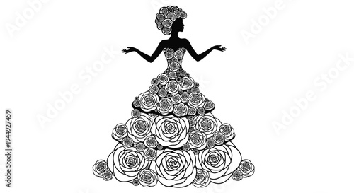 Black silhouette woman in floral dress vector illustration
