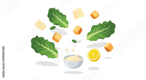 Caesar Salad Ingredients Floating with Lettuce Croutons and Creamy Dressing
