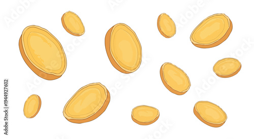 Fresh Ginger Root Slices Floating Isolated on White Background