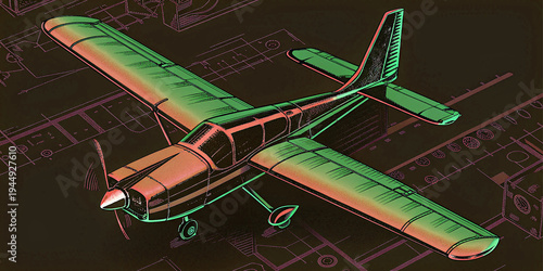 Stylized aircraft blueprint illustration featuring a modern vibrant neon color palette
