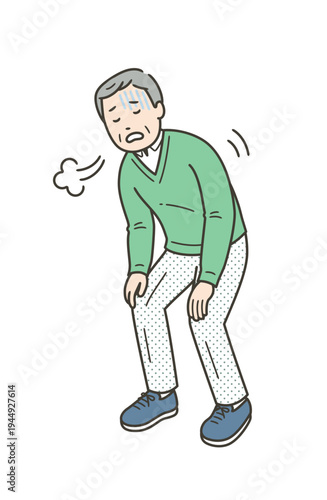 息切れをして大きな呼吸をする高齢者男性のぜんしんイラスト