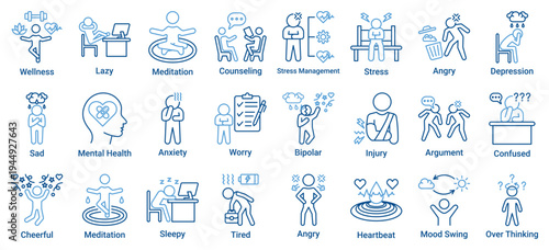 Mental Health Icon Set. Outline Color Style Icons Including meditation, counseling, stress, anxiety, depression, mood swing, anger, tired, sleepy, overthinking, diagnosis and psychology concepts