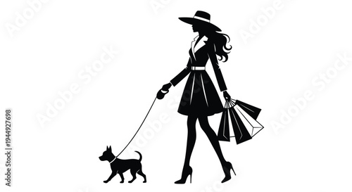 Vector silhouette of woman walking dog