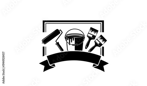 Painter badge emblem vector with paint roller bucket brushes and ribbon banner isolated on transparent background