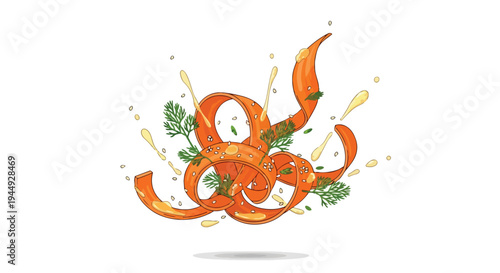 Fresh Carrot Ribbons and Greens Floating with Water Splashes