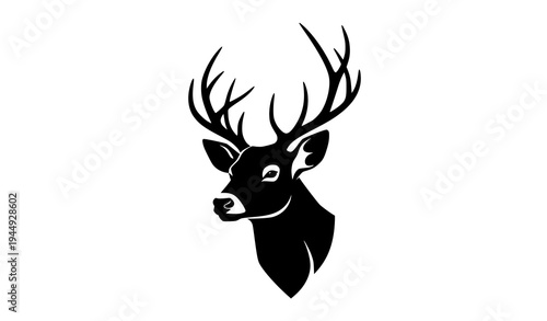 Black and white deer head vector with antlers wildlife silhouette nature illustration isolated on transparent background