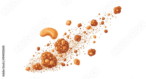 Cashew nut and peanut brittle crumbles flying on white background
