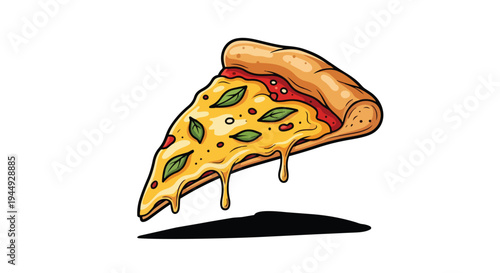 Delicious Cheesy Pizza Slice Illustration with Basil Leaves