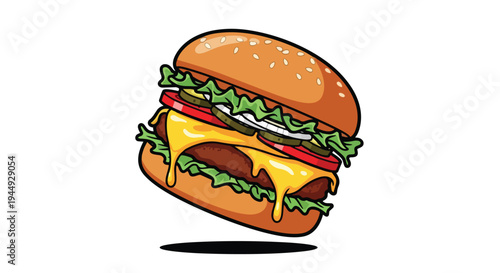 Cartoon Style Cheeseburger with Melting Cheese and Fresh Toppings