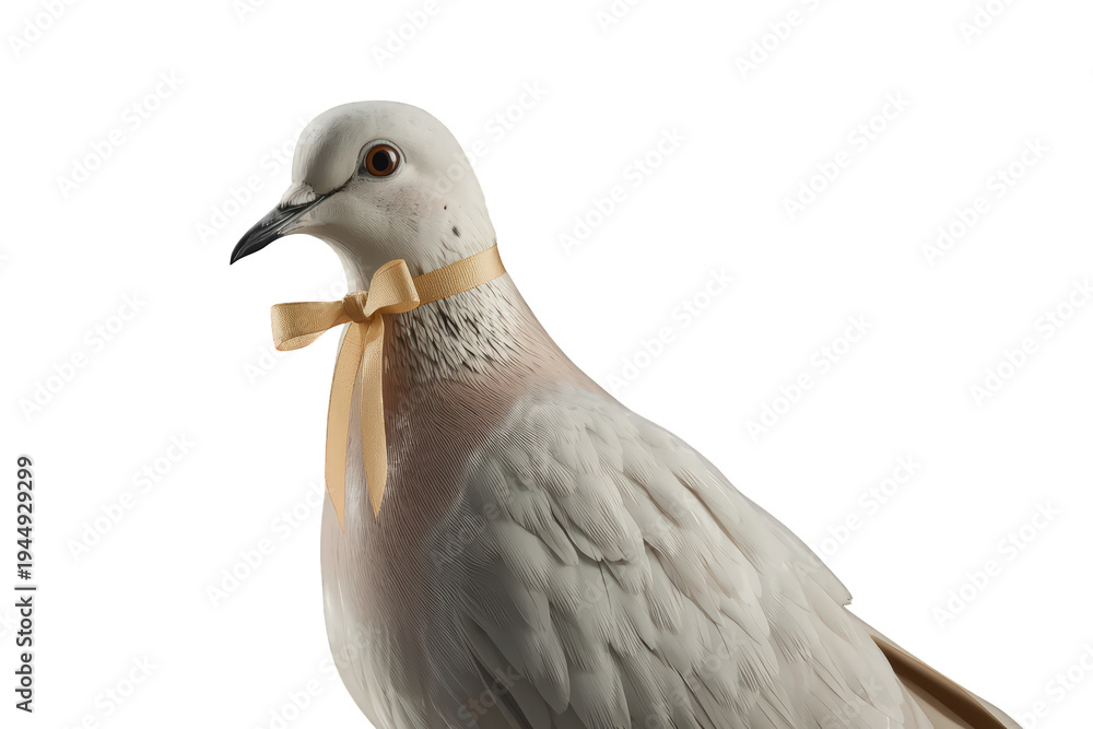 Obraz premium White dove wearing a golden bow ribbon around its neck, symbolizing peace, marriage, and celebration, isolated on a transparent background