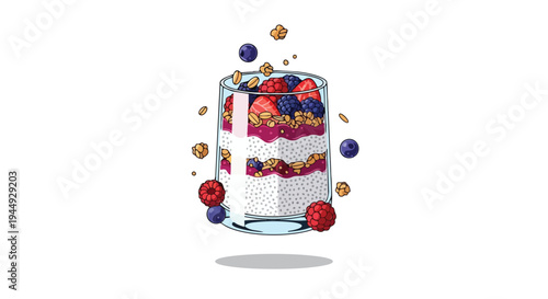 Healthy Berry Parfait with Chia Pudding and Granola in a Glass