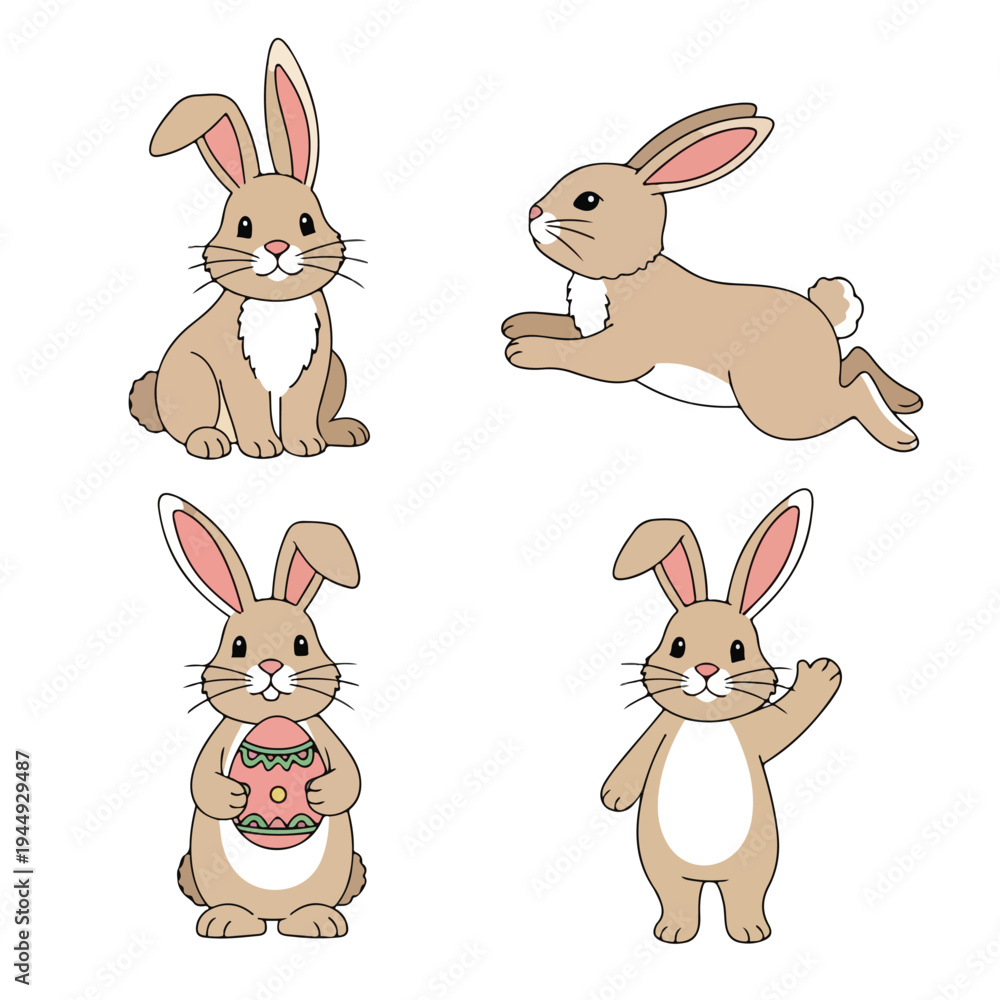 Fototapeta premium Vector set of 4 Easter bunny poses