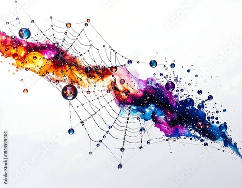 Abstract rendering of spiderweb connecting colorful splashes, capturing light in droplets against a white background