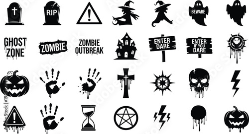 Big set of Halloween icons featuring tombstones ghosts pumpkin spooky signs and creepy symbols isolated on white background for holiday party graphics
