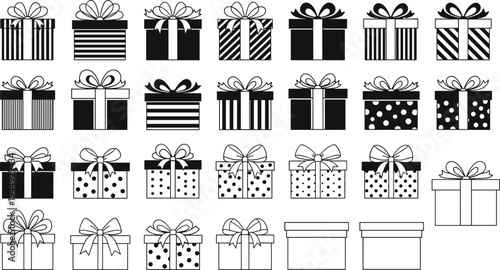 Black and White Gift Box Vector Set with Ribbons and Bows Featuring Stripes and Polka Dots for Celebration Holiday and Birthday Design