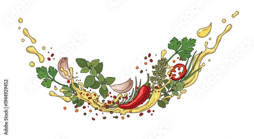 Fresh Herbs and Spices with Oil Splash Illustration