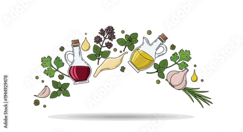 Hand Drawn Culinary Herbs and Oil Bottles Composition
