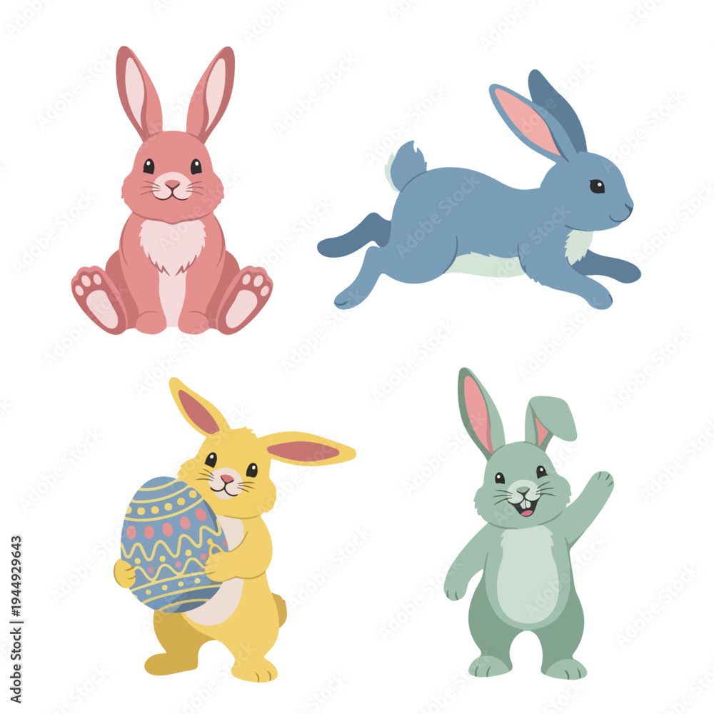 Fototapeta premium Vector set of 4 Easter bunny poses