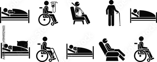 Black patient and medical care icon set featuring silhouettes of people in hospital beds, wheelchairs, using walkers, canes, and arm slings for healthcare design.