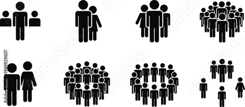 Black silhouettes of various people groups, crowds, and teams, including pairs, circles, and large organized community gatherings for vector design.