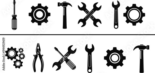 Black silhouettes of industrial tools and gears including screwdriver hammer wrench pliers and mechanical cogs for repair service and maintenance design.