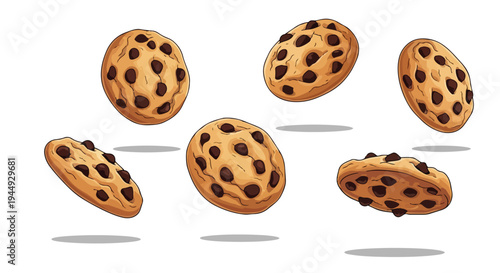Floating Chocolate Chip Cookies Isolated on White Background