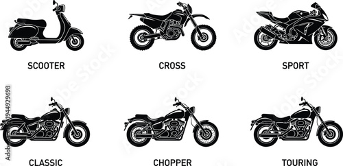 Black Vector Icon Set of Different Motorcycle Types Including Classic Chopper Touring Sport Cross and Scooter Silhouettes for Transportation Design Automotive Branding and Bike Enthusiast Projects