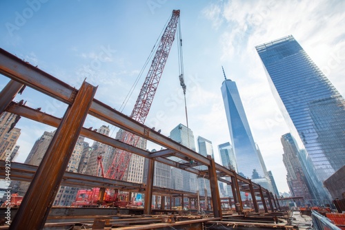 Steel Beams and Cranes at a New York City Construction Site
