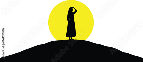 Black Woman Silhouette Standing on Hill Top Against Large Yellow Sun Background Minimalist Vector Illustration for Summer Sunset or Sunrise Concept