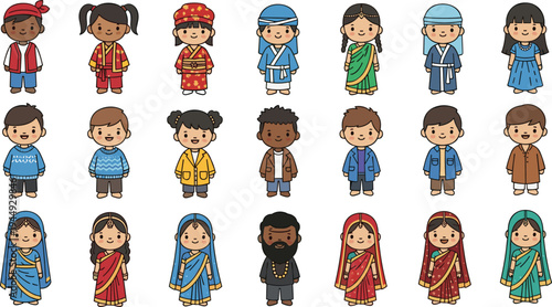 Collection of Diverse Children and Adult Characters Wearing Traditional Cultural Outfits and Modern Casual Clothing Isolated Vector Illustration for Global Projects