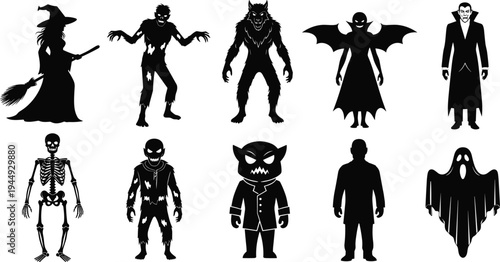 Collection of spooky Halloween monster silhouettes including witch zombie werewolf vampire and skeleton icons isolated on white background for horror design projects