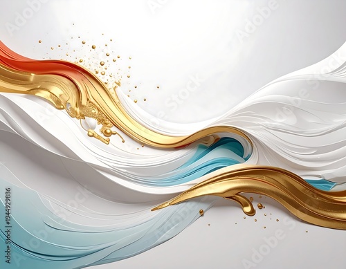 Abstract waves in white, gold, red, and blue flow diagonally across a bright background, creating fluid, elegant forms