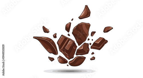 Exploding Chocolate Chunks and Pieces Isolated on White Background