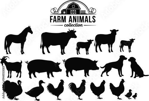 Farm Animal Silhouette Collection Featuring Cow Horse Pig Sheep Goat Chicken Duck Turkey and Dog Icons for Rural Agricultural Graphic Design Projects