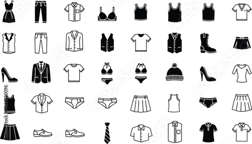 Fashion apparel and clothing icons set featuring shirts pants dresses suits footwear and accessories silhouettes for retail and e-commerce vector design.