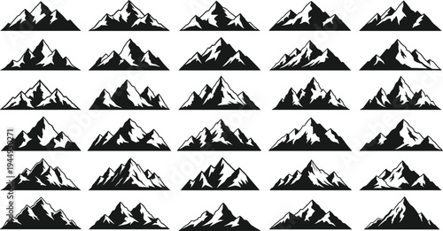 Huge Collection of Mountain Silhouette Vector Icons Featuring Various Peak Shapes and Snow Capped Ridge Designs for Outdoor Adventure Travel and Nature Graphics for Stock Photography