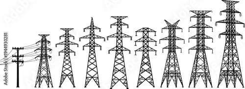 High voltage electric power transmission tower silhouettes and utility pole set for industrial energy grid infrastructure electricity supply and engineering vector design projects.