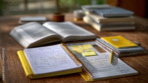 Study Space with Open Books, Notebooks, Sticky Notes and Writing Tools on a Wooden Table Surrounded by Natural Light