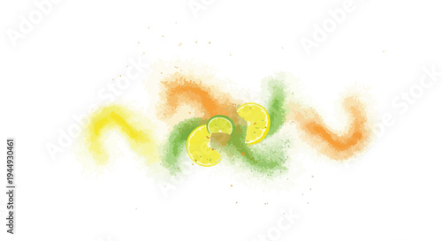 Abstract watercolor illustration of citrus fruit slices with vibrant colorful paint splashes