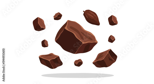 Floating Chocolate Chunks and Cocoa Bean Illustration