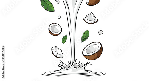 Fresh Coconut Milk Pouring with Tropical Fruit Pieces and Leaves Illustration