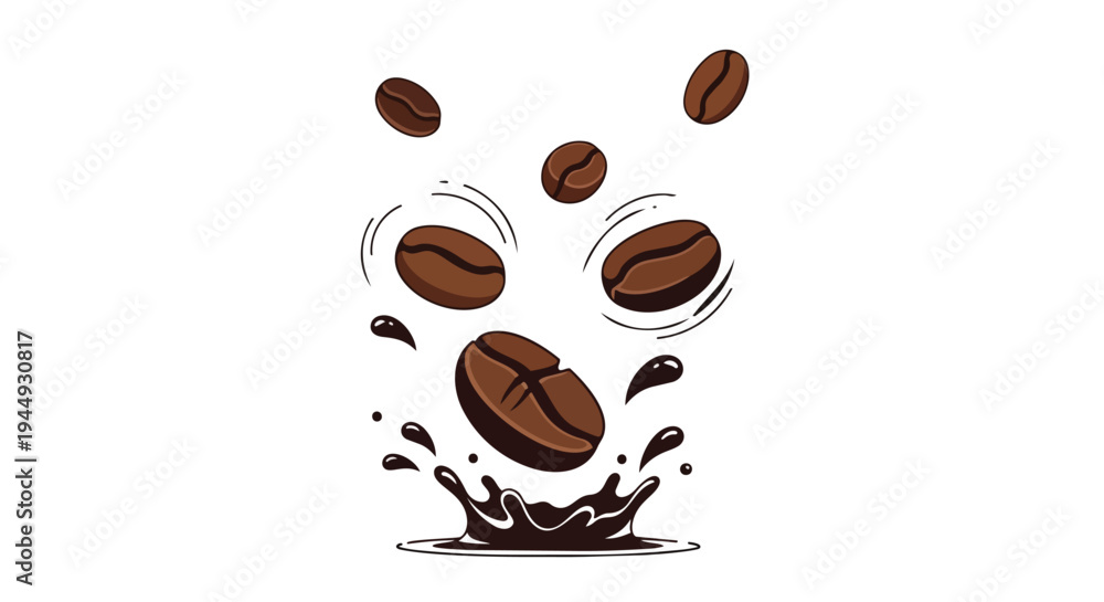 Obraz premium Coffee Beans Falling into Liquid Splash Illustration