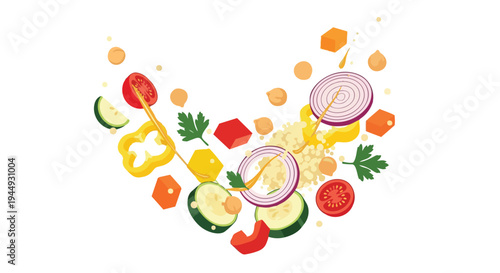 Fresh Vegetable Salad Ingredients Floating Isolated on White Background