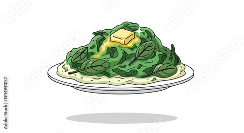 Cartoon Illustration of Fresh Cooked Spinach with Melting Butter on a Plate