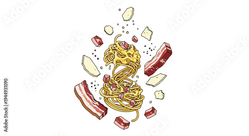 Floating Spaghetti Carbonara Ingredients Illustration