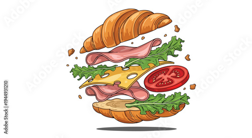 Exploded View Illustration of a Delicious Croissant Sandwich with Ham, Cheese, and Vegetables