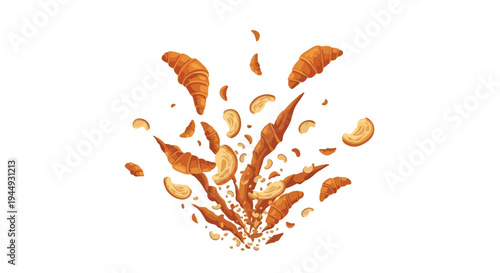 Explosion of Fresh Croissants and Cashew Nuts Isolated on White Background