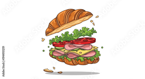 Floating Croissant Sandwich with Fresh Ingredients Illustration