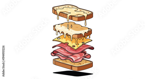 Exploded View Illustration of a Delicious Grilled Cheese and Ham Sandwich