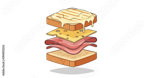 Exploded View Illustration of a Grilled Ham and Cheese Sandwich